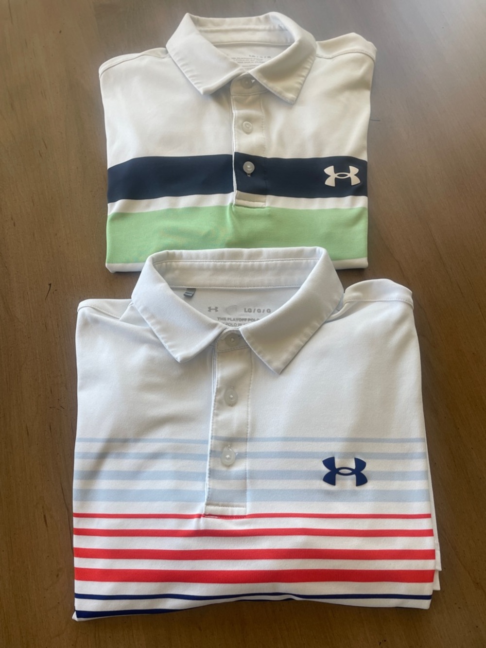 Bundle of 2 Large Under Armour The Playoff Polo white with colored stripes